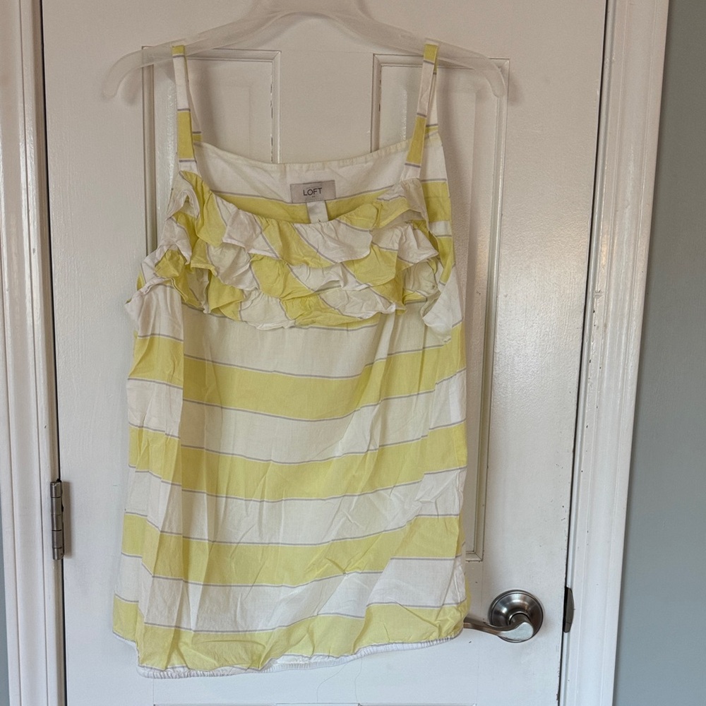 LOFT Yellow and White Striped Ruffle Tank Top